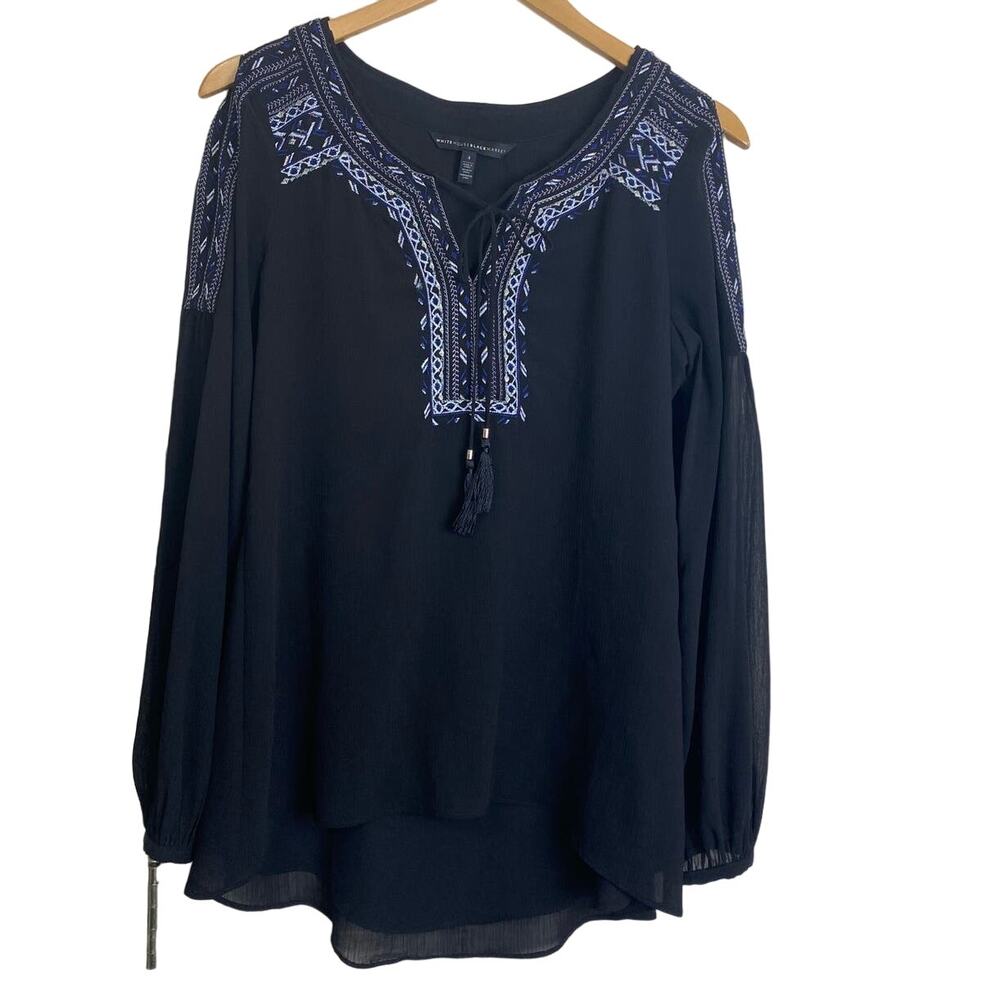 White House Black Market Black Embroidered Loose Fit Tunic Blouse NEW Size 4